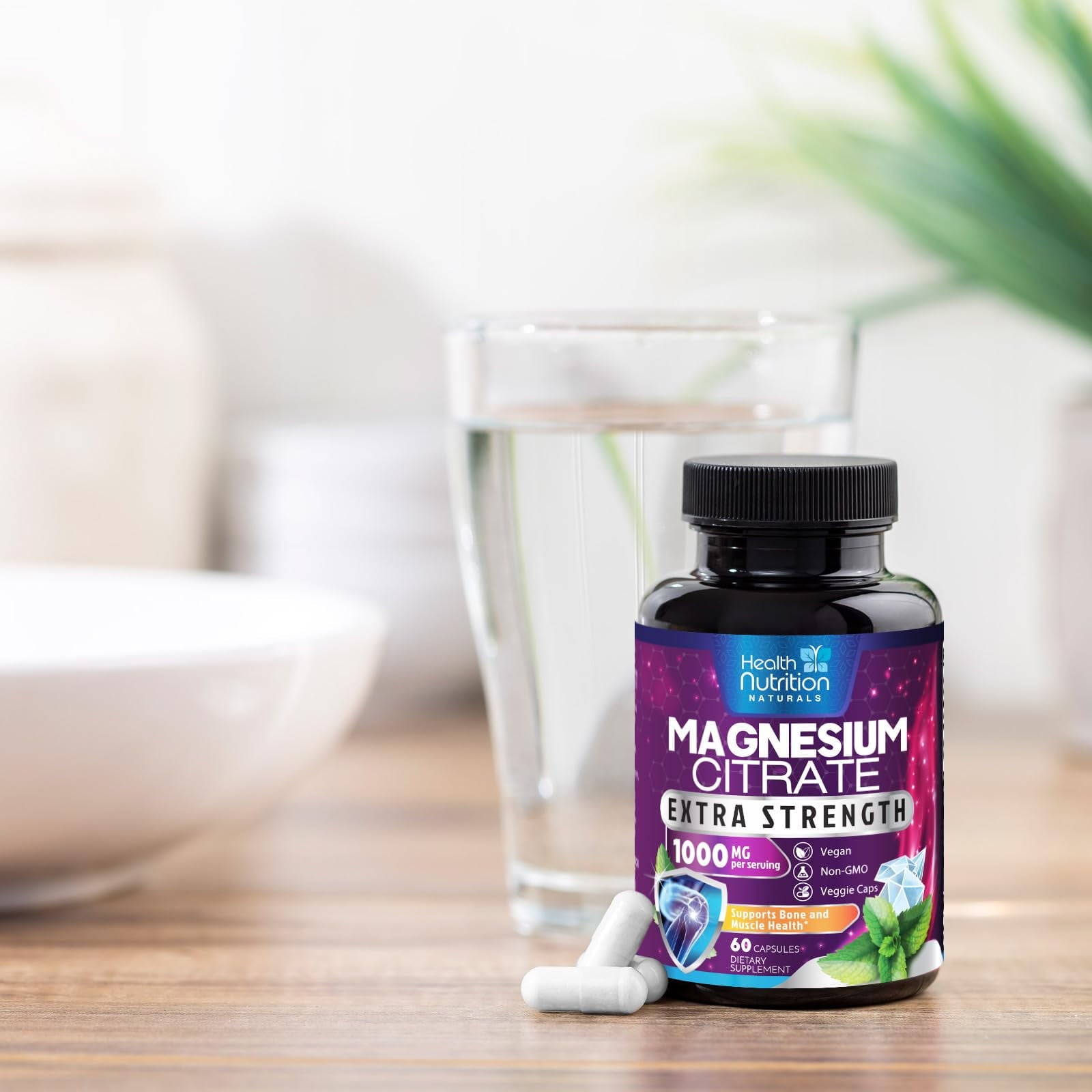 Magnesium Citrate 1000Mg per Serving - Max Absorption Magnesium Powder Capsules for Muscle, Nerve, Bone and Heart Health Support, High Absorption Citrate Complex, Gluten Free, Non-Gmo - 60 Capsules