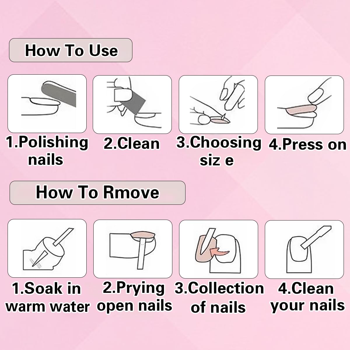 French Tip Press on Nails - Square Medium Long Brown Pink Heart Rhinestone False Nails - Women'S Glue on Acrylic Gel Stick on Glitter Fantasy Wedding Birthday