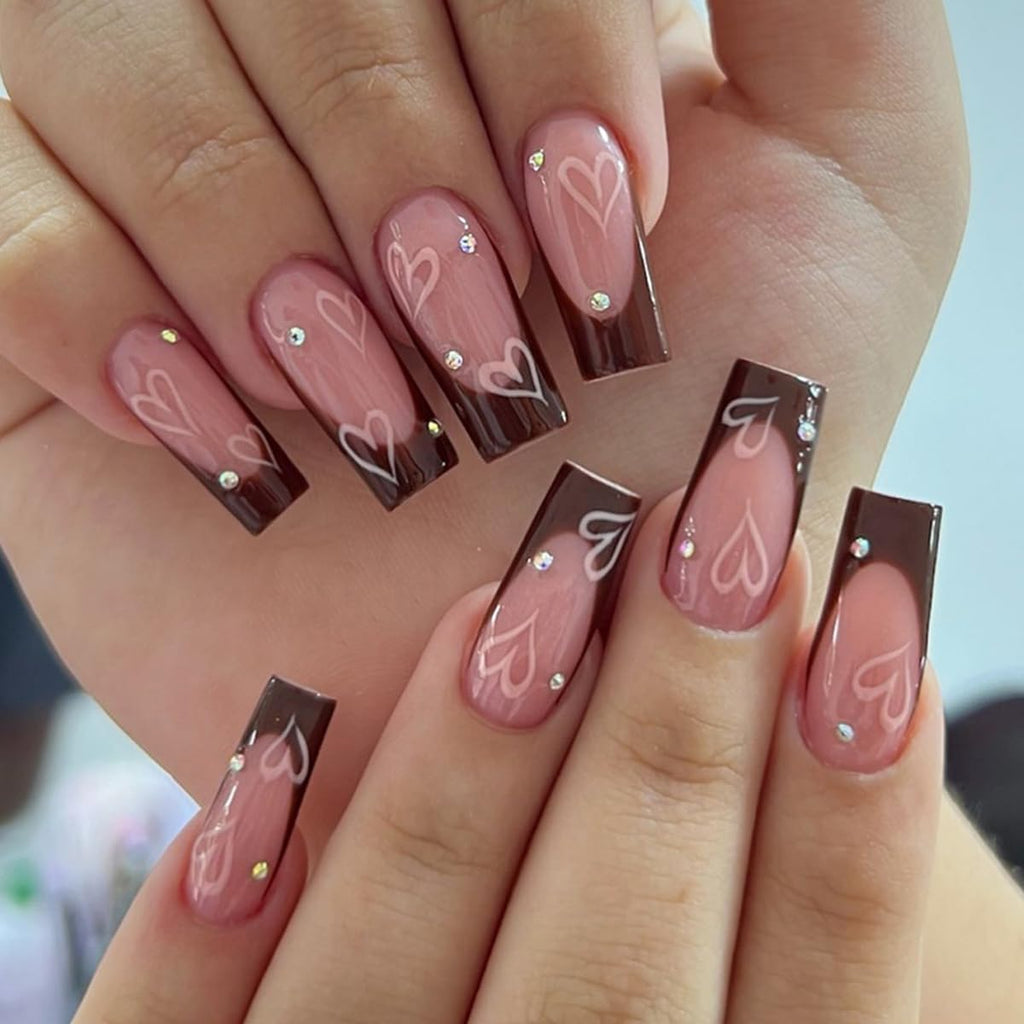 French Tip Press on Nails - Square Medium Long Brown Pink Heart Rhinestone False Nails - Women'S Glue on Acrylic Gel Stick on Glitter Fantasy Wedding Birthday