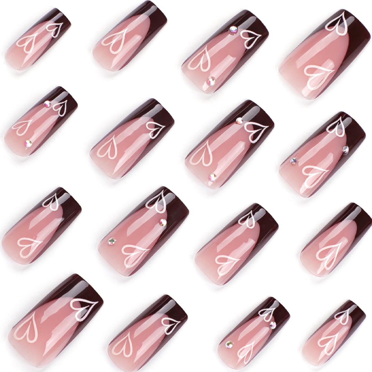 French Tip Press on Nails - Square Medium Long Brown Pink Heart Rhinestone False Nails - Women'S Glue on Acrylic Gel Stick on Glitter Fantasy Wedding Birthday