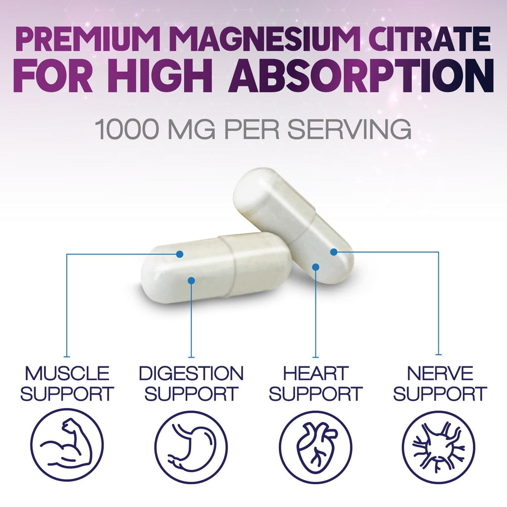 Magnesium Citrate 1000Mg per Serving - Max Absorption Magnesium Powder Capsules for Muscle, Nerve, Bone and Heart Health Support, High Absorption Citrate Complex, Gluten Free, Non-Gmo - 60 Capsules