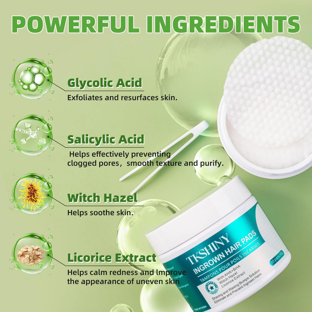 Ingrown Treatment Hair Pads, with AHA+BHA, Ingrown Hair Wipes for Bikini Area, Razor Bumps, Underarm , Exfoliate Skin,Ingrown Hair Serum for Face, Neck, 50 Pads