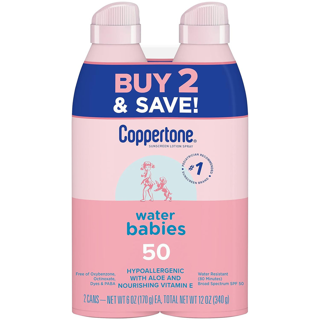 Waterbabies Sunscreen Spray SPF 50, Spray on Sunscreen for Babies, Water Resistant, Pediatrician Recommended, 6 Oz, Pack of 2