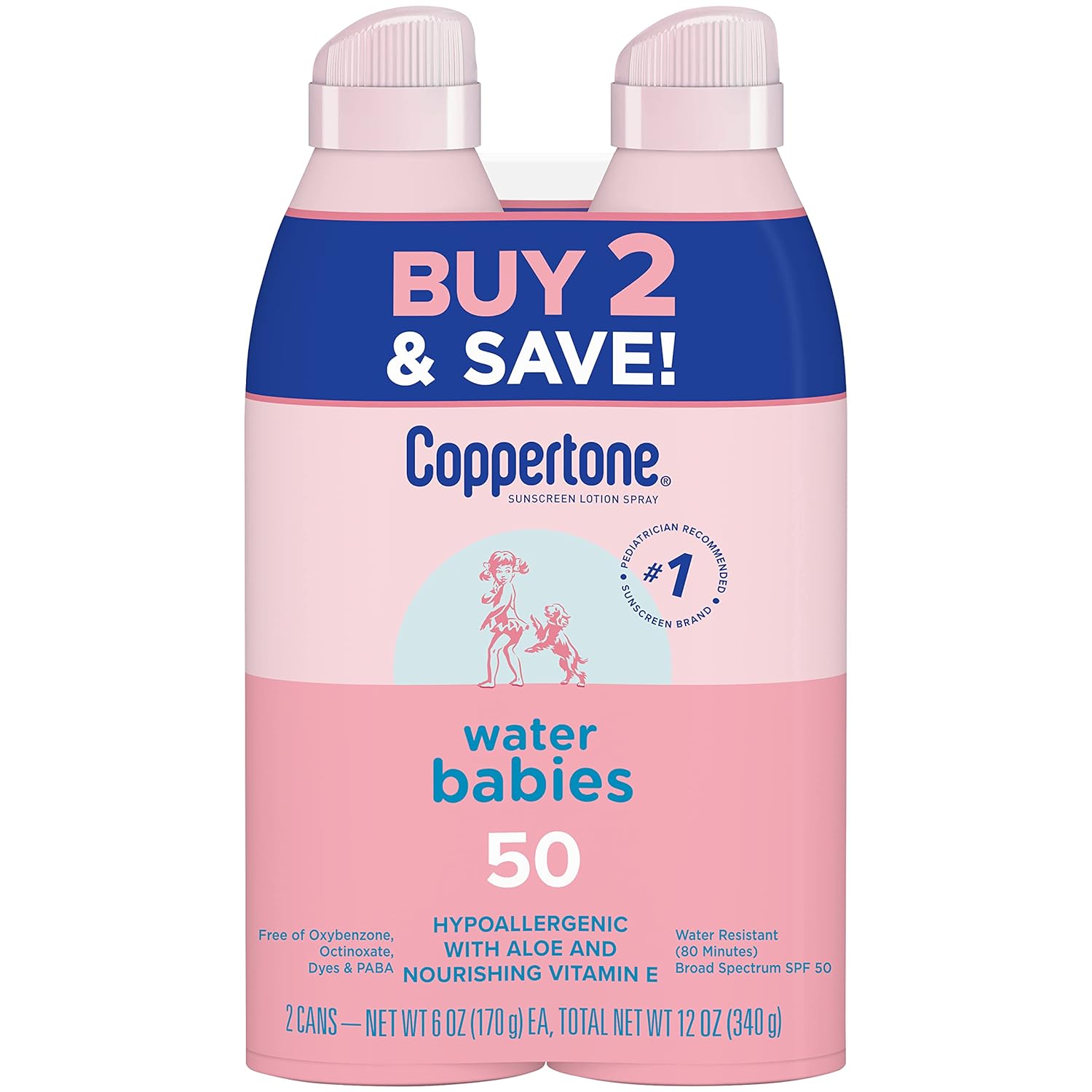 Waterbabies Sunscreen Spray SPF 50, Spray on Sunscreen for Babies, Water Resistant, Pediatrician Recommended, 6 Oz, Pack of 2