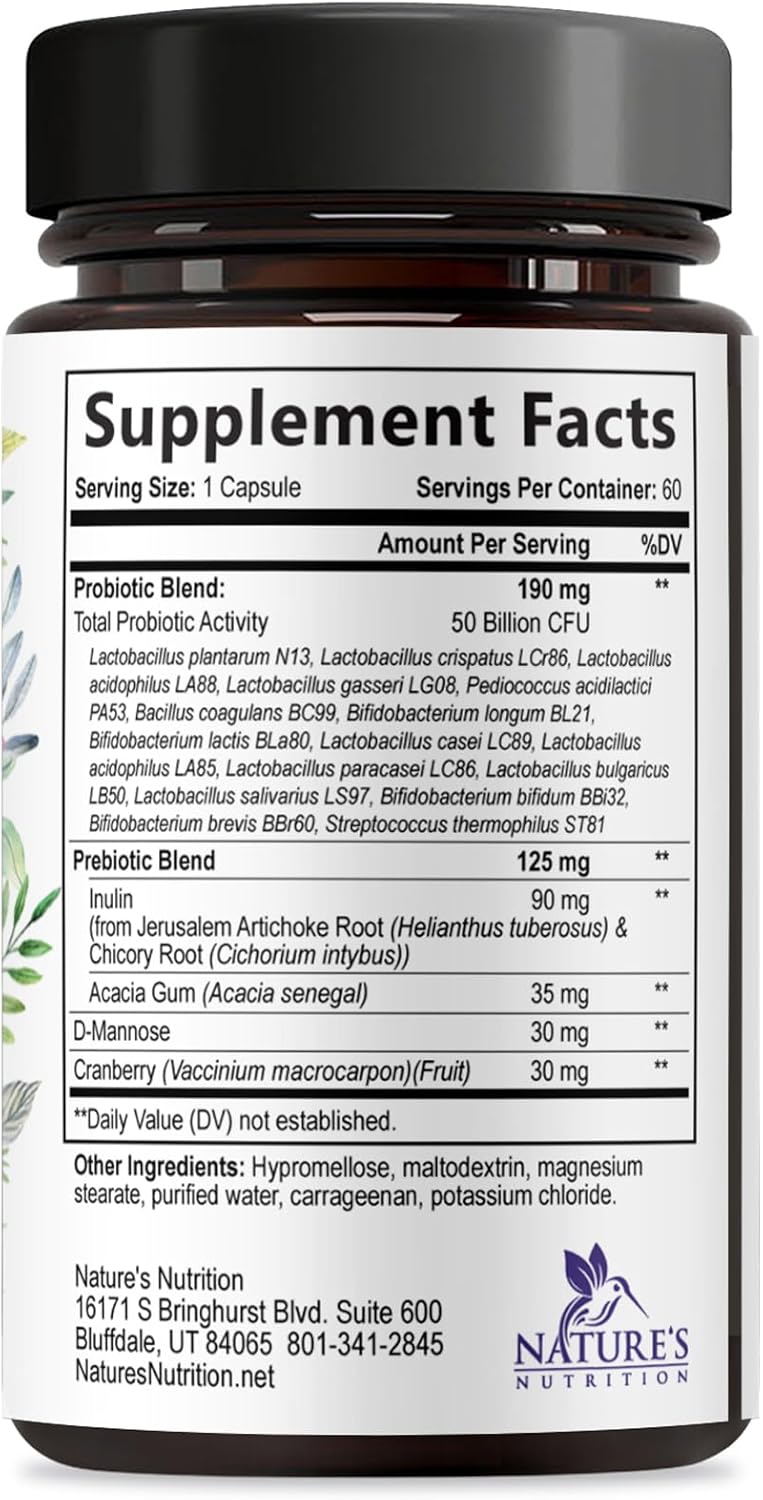 Probiotics for Women - Probiotic Blend 50 Billion CFU per Cap - 16 Feminine Health Strains Women'S Probiotic - Prebiotic for Vaginal PH Balance, Urinary UT Health Support - Bottled USA - 60 Capsules
