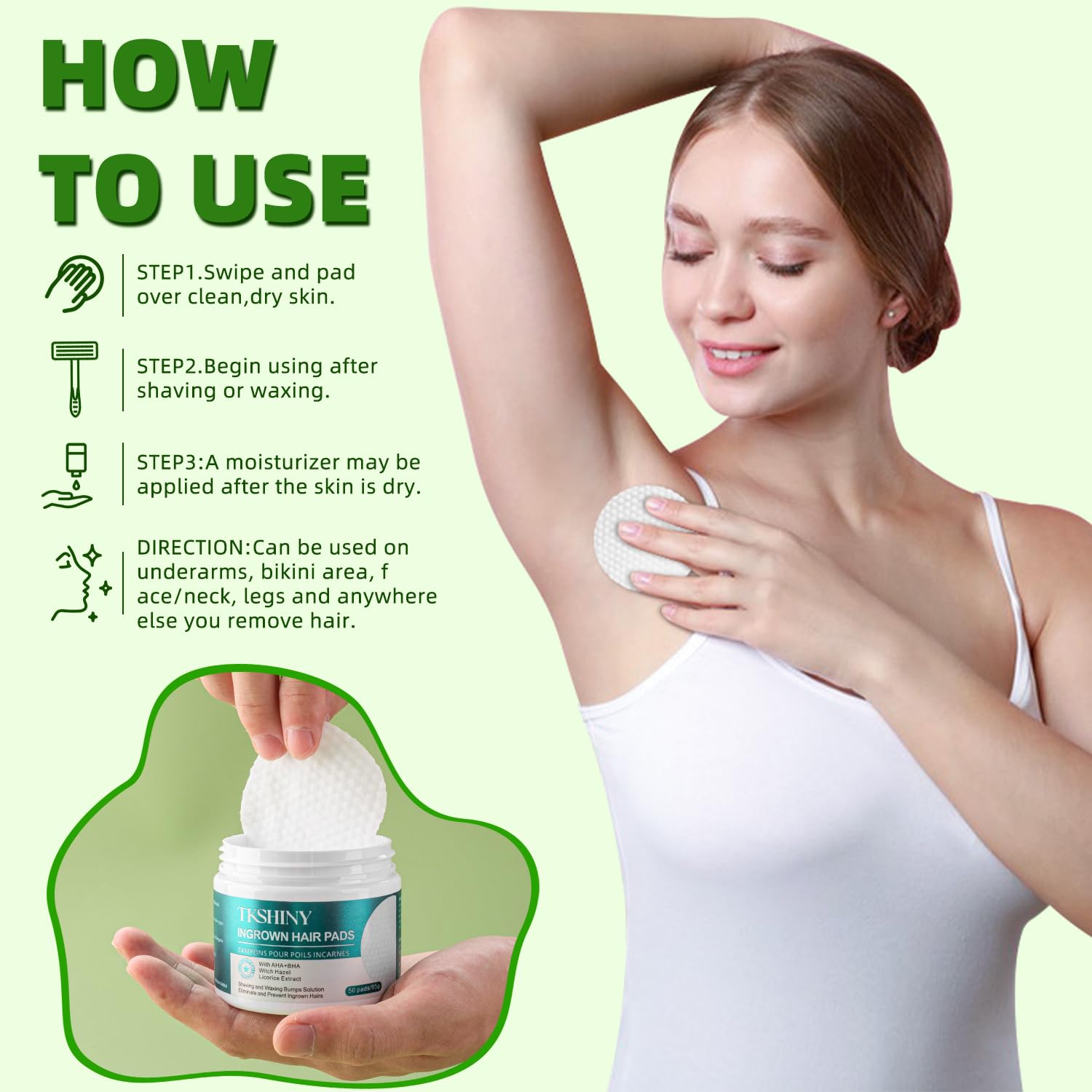 Ingrown Treatment Hair Pads, with AHA+BHA, Ingrown Hair Wipes for Bikini Area, Razor Bumps, Underarm , Exfoliate Skin,Ingrown Hair Serum for Face, Neck, 50 Pads