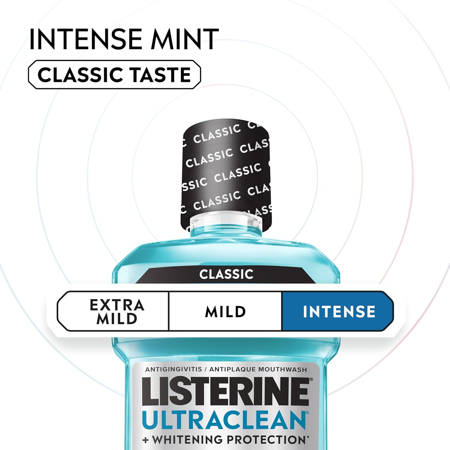 Listerine Ultraclean Intense Antiseptic Mouthwash + Whitening Protection*, Everfresh Technology to Help Fight Bad Breath, Gingivitis, & Plaque, Tartar Control Oral Rinse, Intense Mint, 1L