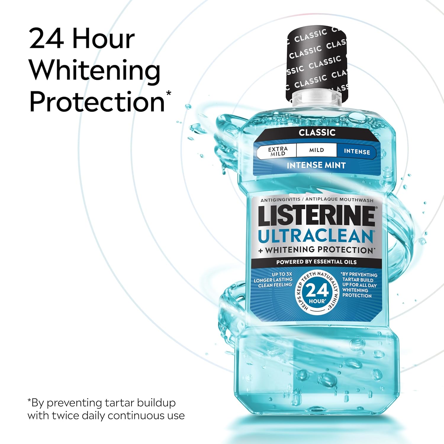 Listerine Ultraclean Intense Antiseptic Mouthwash + Whitening Protection*, Everfresh Technology to Help Fight Bad Breath, Gingivitis, & Plaque, Tartar Control Oral Rinse, Intense Mint, 1L