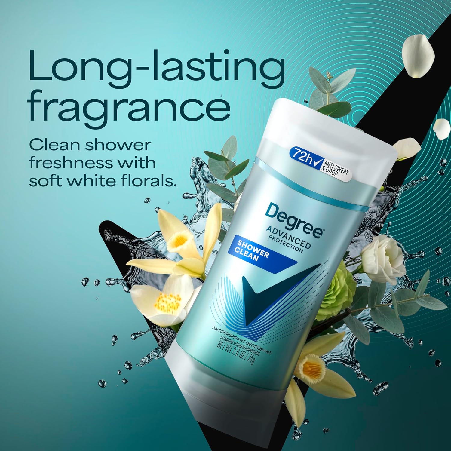 Degree Advanced Protection Antiperspirant Deodorant Shower Clean for 72-Hour Sweat & Odor Control for Women, with Body Heat Activated Technology, 2.6 Oz