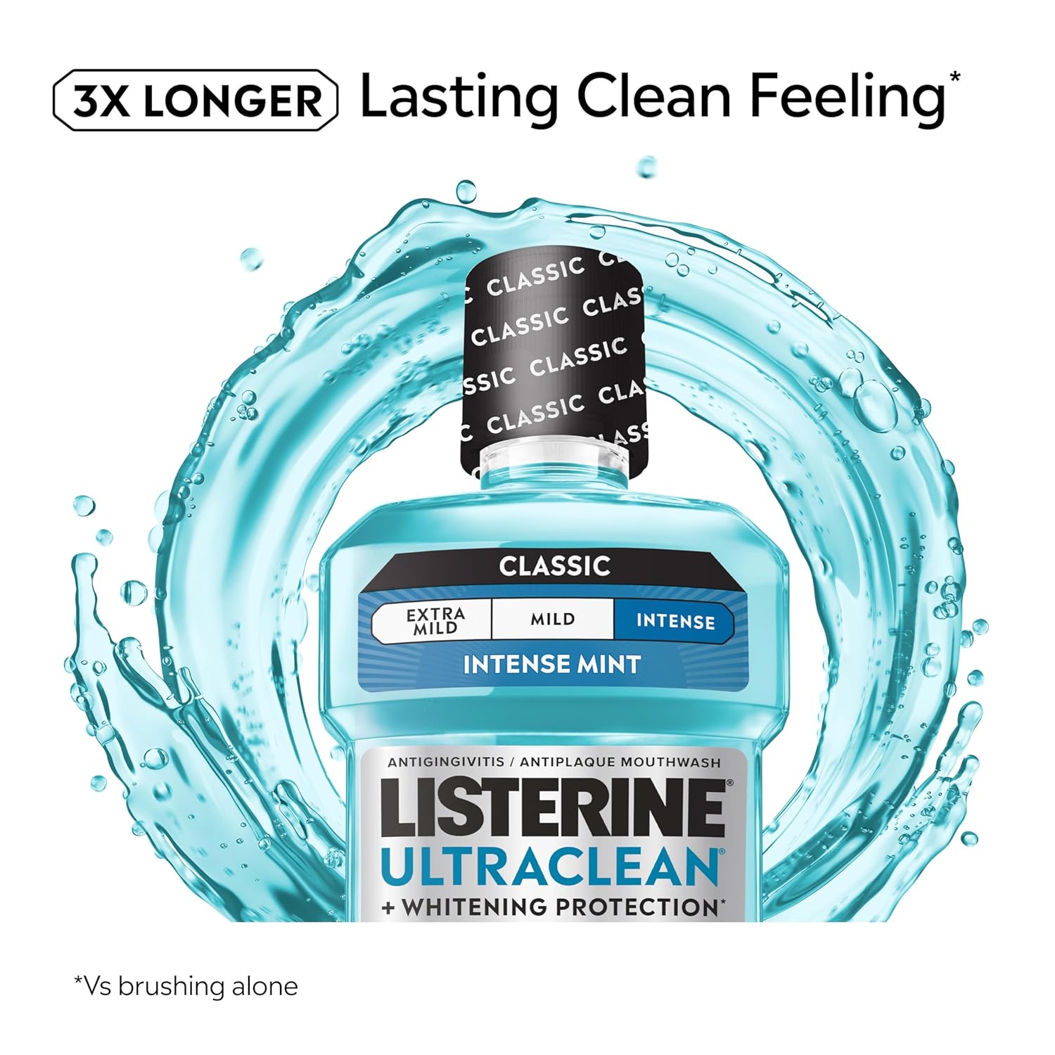 Listerine Ultraclean Intense Antiseptic Mouthwash + Whitening Protection*, Everfresh Technology to Help Fight Bad Breath, Gingivitis, & Plaque, Tartar Control Oral Rinse, Intense Mint, 1L
