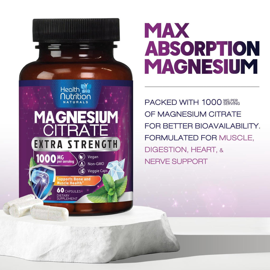 Magnesium Citrate 1000Mg per Serving - Max Absorption Magnesium Powder Capsules for Muscle, Nerve, Bone and Heart Health Support, High Absorption Citrate Complex, Gluten Free, Non-Gmo - 60 Capsules