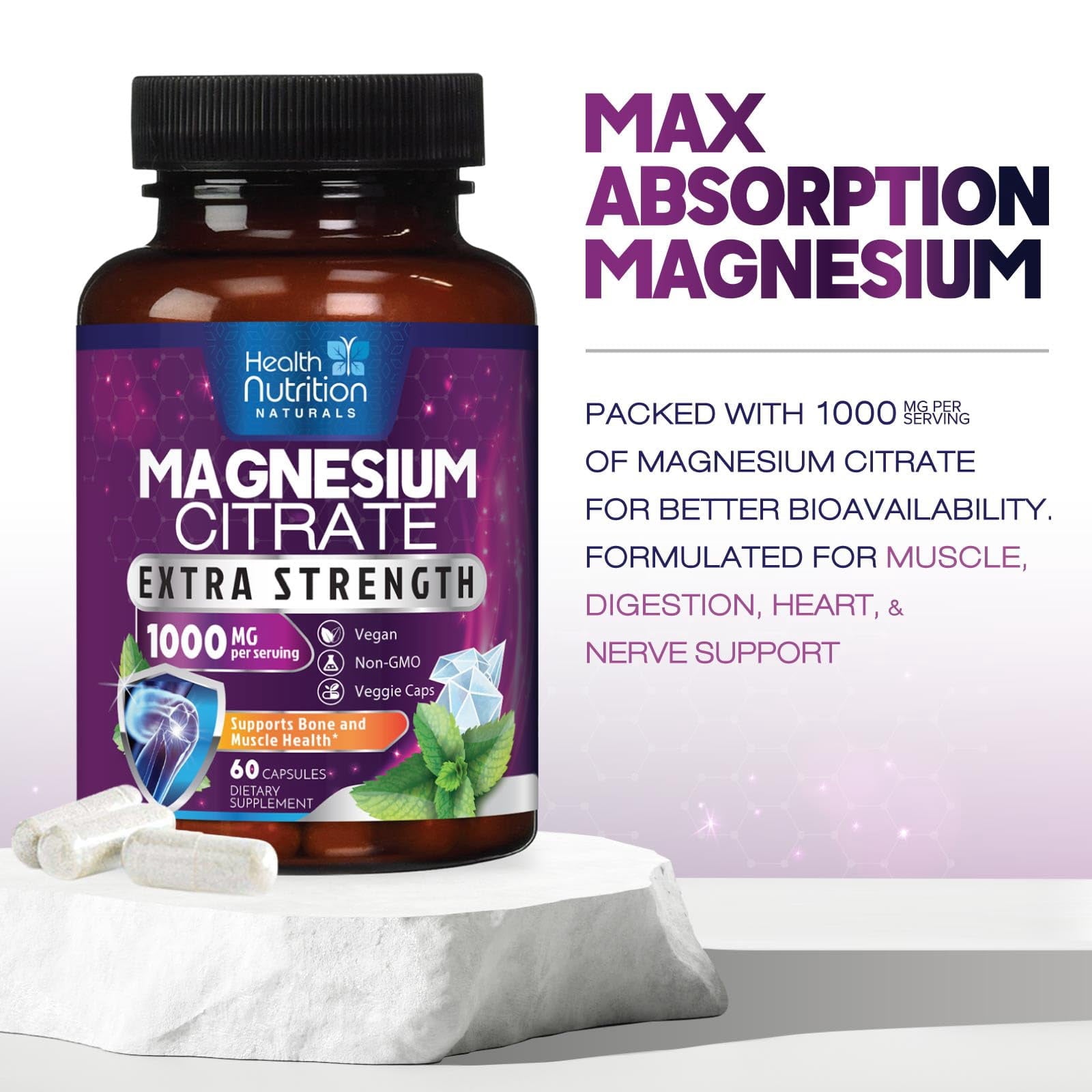 Magnesium Citrate 1000Mg per Serving - Max Absorption Magnesium Powder Capsules for Muscle, Nerve, Bone and Heart Health Support, High Absorption Citrate Complex, Gluten Free, Non-Gmo - 60 Capsules