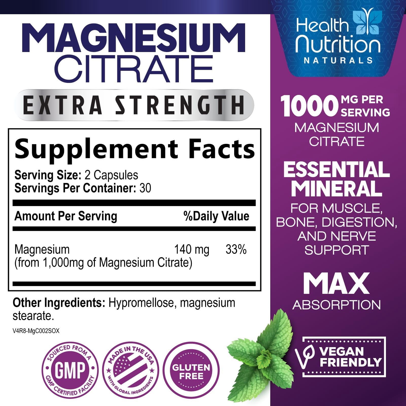 Magnesium Citrate 1000Mg per Serving - Max Absorption Magnesium Powder Capsules for Muscle, Nerve, Bone and Heart Health Support, High Absorption Citrate Complex, Gluten Free, Non-Gmo - 60 Capsules