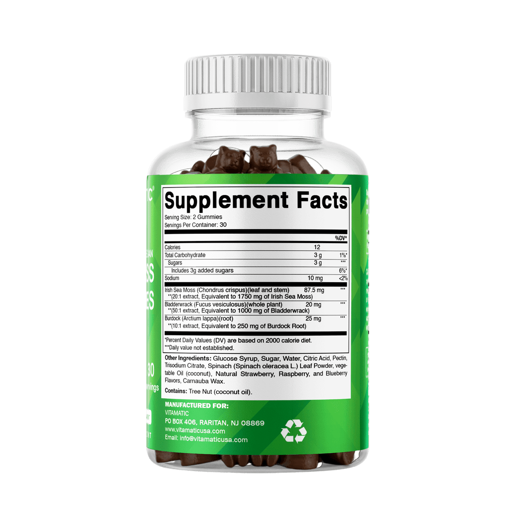Irish Sea Moss Gummies - 3000 Mg - 60 Vegan Gummies - Made with Bladderwrack & Burdock Root - Seamoss Supplement for Thyroid, Energy, Immune Support