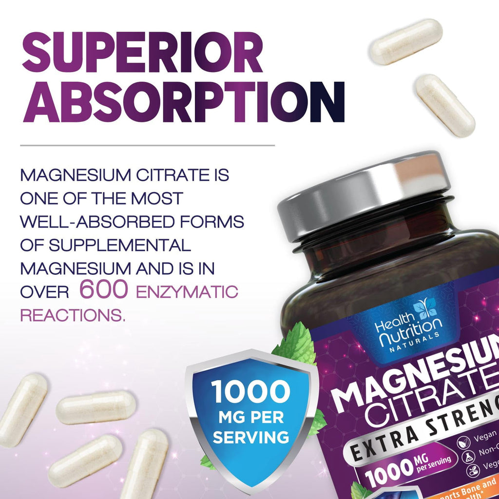 Magnesium Citrate 1000Mg per Serving - Max Absorption Magnesium Powder Capsules for Muscle, Nerve, Bone and Heart Health Support, High Absorption Citrate Complex, Gluten Free, Non-Gmo - 60 Capsules